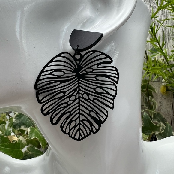 Classic Black Leaf Statement Earrings - Large Bohemian Dangle Earrings - Picture 11 of 12